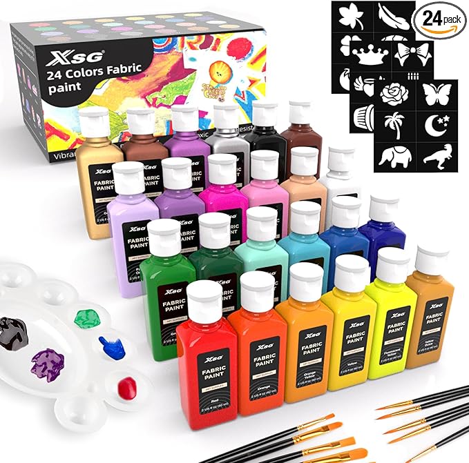 24 Colors Fabric Paint For Clothes Permanent, Soft Fabric Paint in Bottles with 10 Brushes ，Stencils& Palette,Non-Toxic Textile Paint for Shoes，Jeans ，Bags& DlY Projects(60ml/2oz)