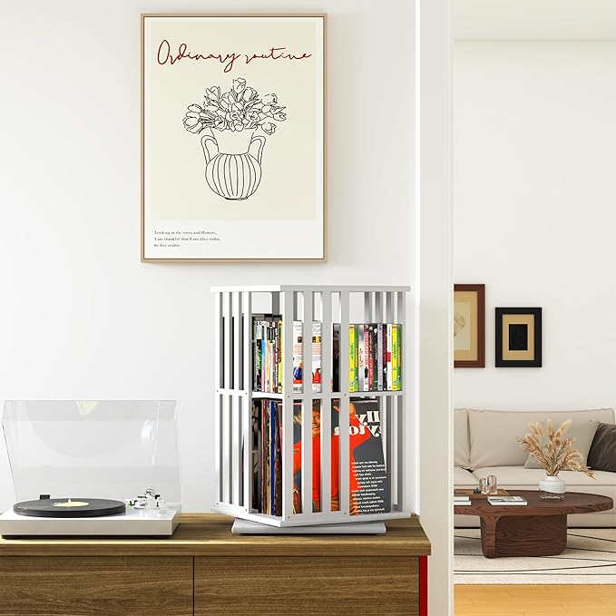 XIMN 360° Rotating Bamboo CD/DVD Shelf - 6-Tier Space-Saving Media Storage Cabinet for Movies, Organizer with Super Compact Design (White, 2 Tier)