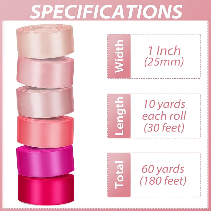 1 Inch Pink Satin Ribbons for Crafts, 6 Rolls Single-Faced Pink Assorted Ribbons for Gift Wrapping Flower Bouquet Wedding Invitations Bridal Shower Hair Bows Garland Party Decor