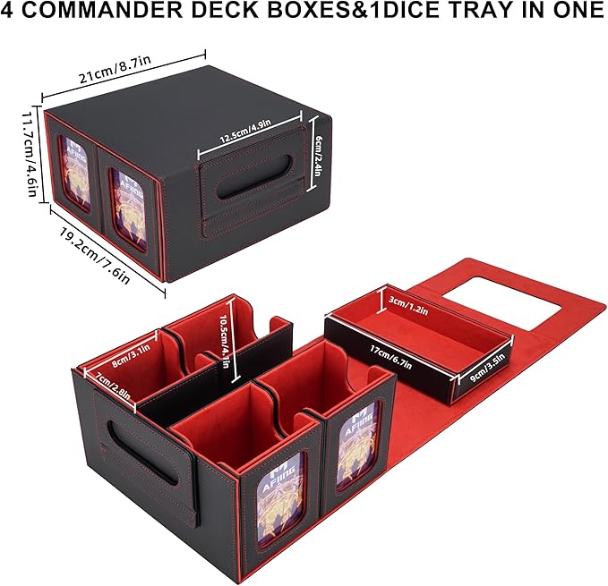 AFIING Commander Deck Box for MTG/EDH, Trading Card Storage Fits 400+ Double-Sleeved Cards, Display Window, 4 Removable Deck Cases, 8 Dividers, Dice Tray & Handle, 4 Toploader Holders (Black Red)