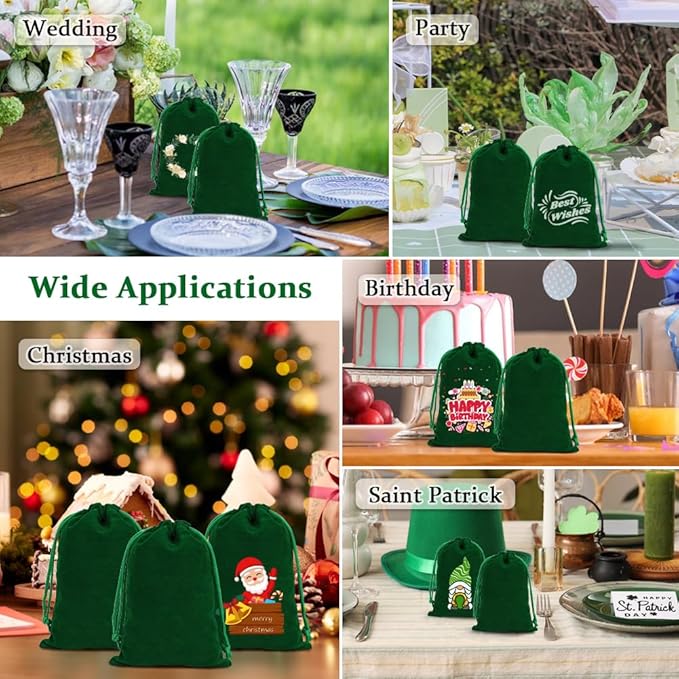 Shintop 20pcs Velvet Bags, 4x6inch Green Jewelry Drawstring Pouches Soft Cloth Gift Bags for Christmas St Patrick's Day Party Favor