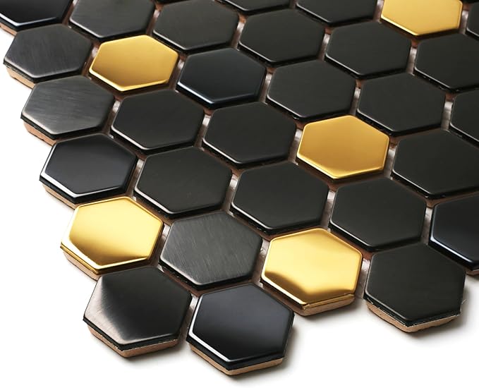 Blujellyfish Black and Gold Backsplash Wall Tiles Hexagon Mosaic Shower Floor Tile Kitchen Bathroom Tile (Box of 5 Sheets)