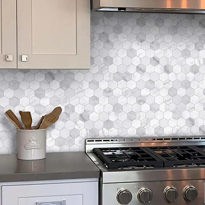 The Tiles Plaza 10-Sheet Peel and Stick Backsplash, Carrara White Hexagon Stone Composite Marble Looks Self Adhesive Wall Tile, Stick On Tiles for Kitchen Bathroom Shower, Cover 9 Sq Ft.