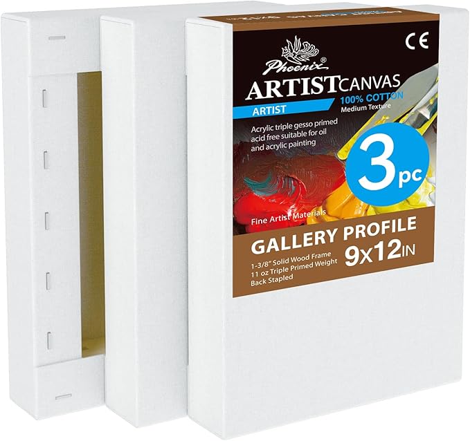 PHOENIX 9x12 Inch 3 Pack Gallery Canvas - 1.5 in Thick Canvases for Painting - Deep Edge 100% Cotton 11 Oz. Gesso Primed White Blank Professional Canvas Oil & Acrylic Paints