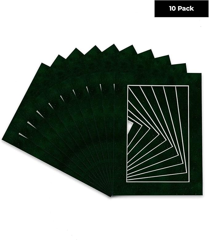 Pack of Ten Acid Free 11x14 Mats Bevel Cut for 8.5x11 Photos - Green Suede Precut Matboards With Backing Boards and Self Seal Photo Mat Bags For Pictures, Photos, Framing - 4-ply Thickness