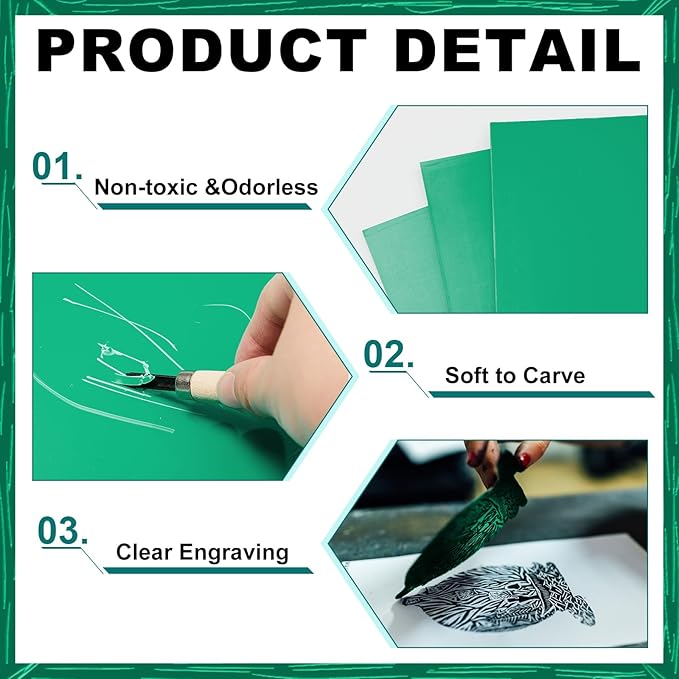 Yeaqee 8 Pcs Linoleum Block Rubber Carving Block Soft Linocut Blocks Large Linoleum Sheet Unmounted Lino Plates for Engraving Art Project Printmaking Artist Studio Supplies (9 x 12 Inch,Green)