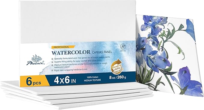 PHOENIX Watercolor Canvas Boards for Painting - 4x6 Inch/6 Pack, 100% Cotton Water Color Small Canvas Panels, 8 Oz. / 260g White Blank Medium Texture Flat Canvases for Water Based Paints