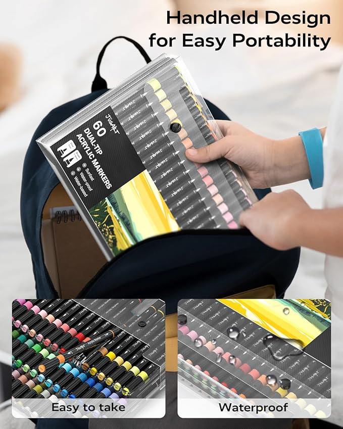 JusArt 36 Colors Dual Tip Acrylic Paint Pens Markers, Brush and Fine Tip, Premium Paint Pens for Wood, Canvas, Egg, Stone, Fabric, Rocks, Metal, Glass, Ceramic, DIY Crafts Making Art Supplies Gifts