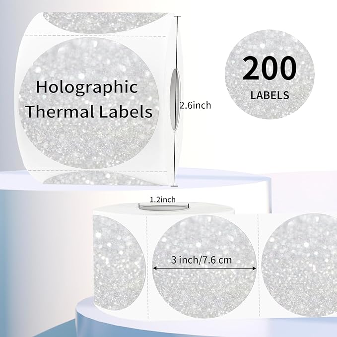 3" Holographic Direct Thermal Label Stickers, Round Printable Rainbow Glitter Thermal Printer Sticker Labels for Gift Wrapping, Self-Adhesive DIY Custom Logo Design- Shiny Silver