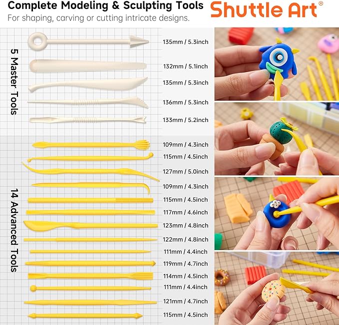 Shuttle Art Polymer Clay Kit, 57 Colors, Soft Oven Clay Kit, 19 Carving Tools and 10 Kinds of Accessories, Non-Stick, Non-Toxic, Ideal Gift for Kids