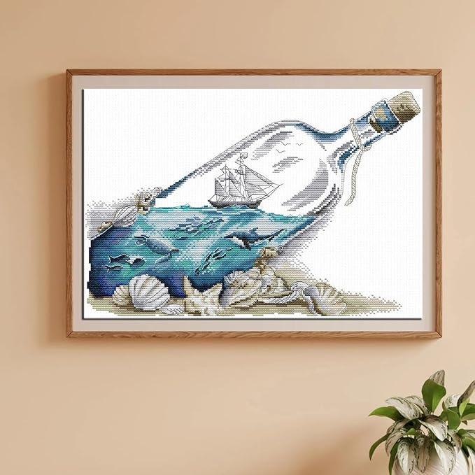 Maydiyer Cross Stitch Kits Stamped Full Range of Embroidery Starter Kits for Beginners DIY 11CT Embroidery Kit for Girls-Sea in a Bottle 16.5×11.8 inch
