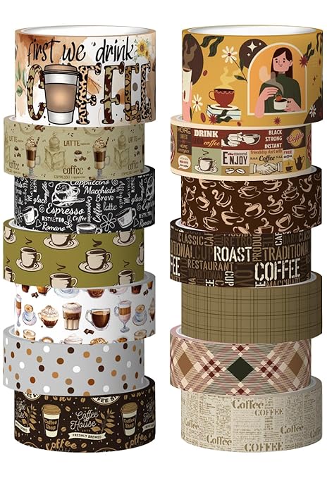 Coffee Themed Washi Tape Set, 14 Rolls Vintage Crafts Tape, Art Decorative Tape for Scrapbooking Supplies, Junk Journal, Bullet Journaling, Vision Board Supplies