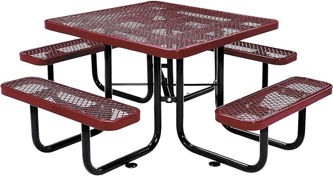 Global Industrial 46" Square Picnic Table, Expanded Metal, Red Thermoplastic Coating, Attached Benches, 1-1/2” Umbrella Pole Hole, Outdoor-Rated, 1000 lb Capacity
