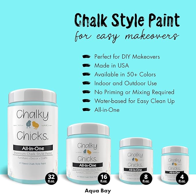 Chalky Chicks All-in-One Chalk Paint for Furniture or Cabinet - 4 Fl Oz - Matte Finish Aqua Bay (Aqua Blue) for Metal, Wood Furniture Paint - No Sanding All-in-One for Home Decor & Crafts, USA Made