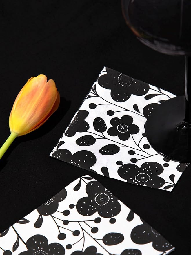 80 pack Designer Cocktail Beverage Napkins, 3-Ply 5x5-inches Disposable Decorative Fall Winter Guest Floral Black White Flower Napkin for Wedding Birthday Anniversary Party Baby Shower