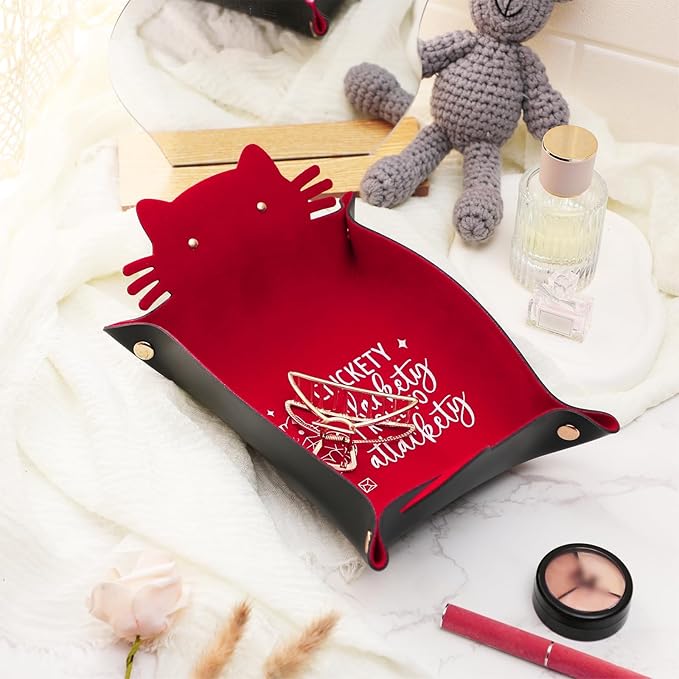 Red Cats Dice Tray Novelty Cat PU Leather Rolling Dice Tray Portable Dice Holder Cute Cat Desk Organizer Funny Gift for RPG, DND Game Players