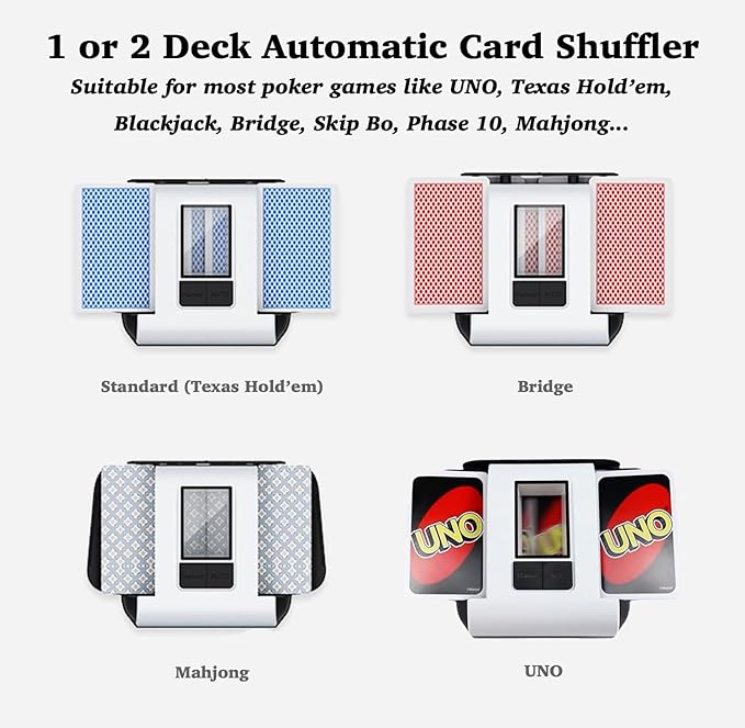Automatic Card Shuffler, 1-2 Deck Playing Cards Shuffler, One Press Auto or Manual Shuffling Machine, Quiet for UNO Blackjack Bridge Phase 10 Skip-Bo, Rechargeable Portable for Travel, No Jams