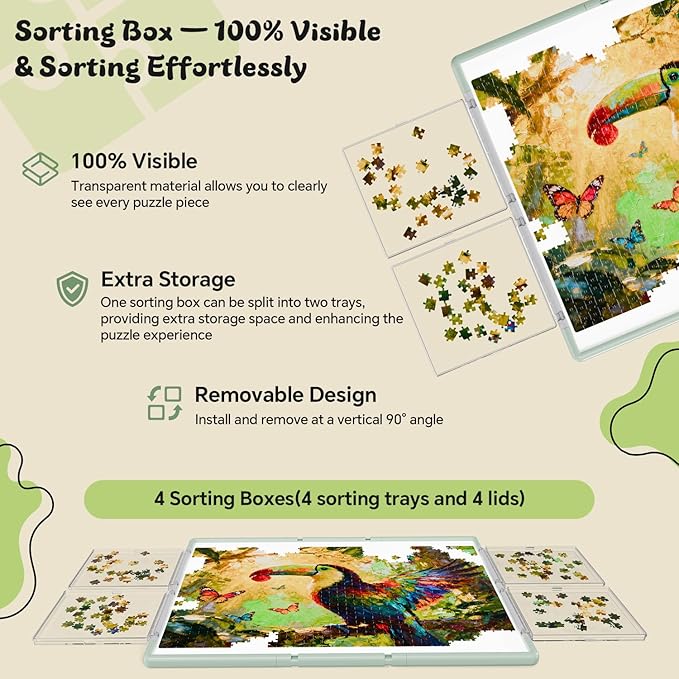 1500 Pieces Puzzle Board 3-in-1 Double-Sided & Rotating & Tilting, Plastic Puzzle Table with Sorting Boxes and PVC Cover, Portable Lazy Susan Jigsaw Puzzle Board for Adults, Gray Green