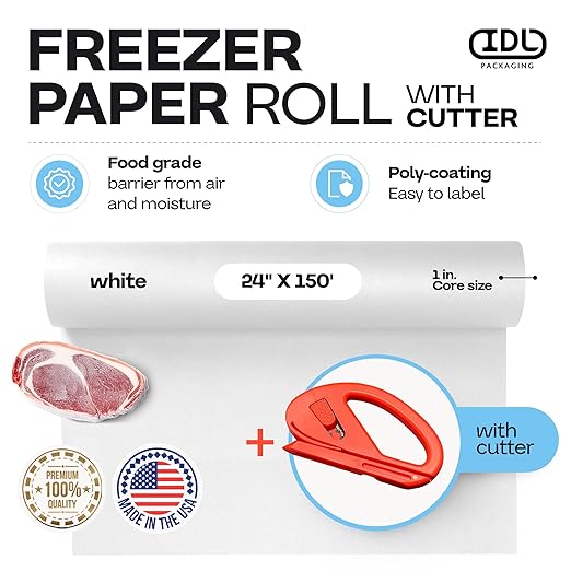 White Freezer Paper Roll 24" x 1800" (150 feet) with Cutter - USA-made Freezer Paper for Meat & Fish - Poly-Coated Food Wrapping Material for Freezing - Barrier Against Air & Moisture by IDL Packaging