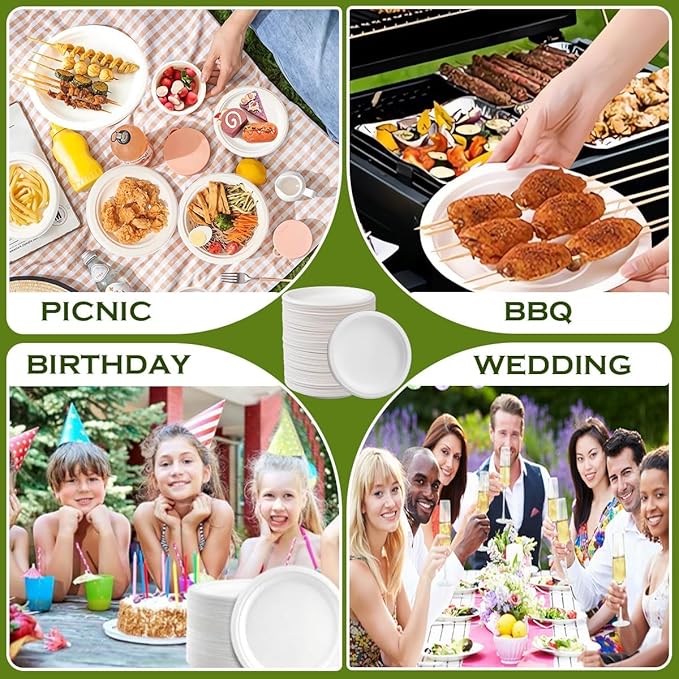9 inch Plates Disposable Heavy Duty 150 Pack Leak Proof 100% Compostable Dinnerware Round White Paper Dishes Bagasse Made for Dessert, Parties, Wedding and BBQ (9 Inch)