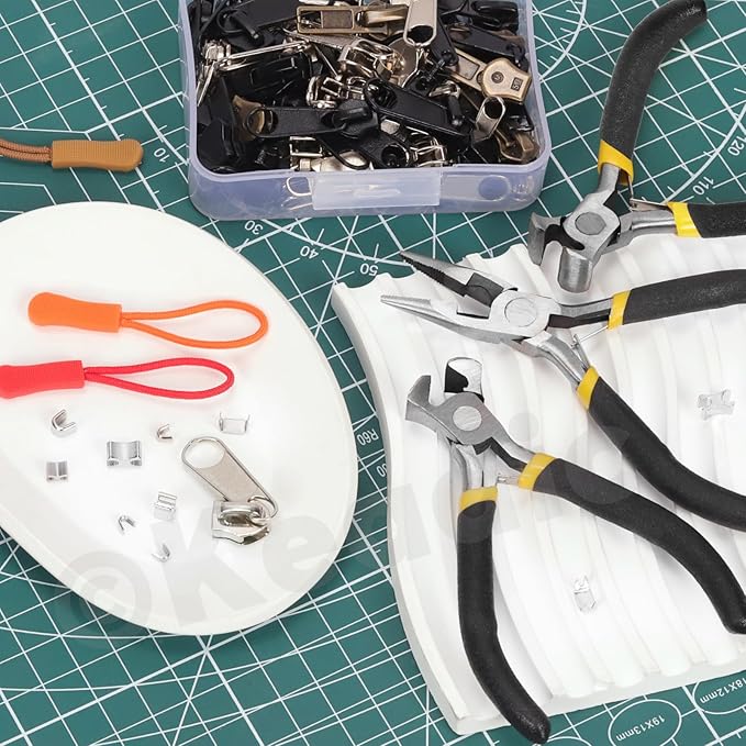Keadic 144Pcs Zipper Repair Kit With 3/5/8 Sizes, Extension Pull, Top/Bottom Stops, Replacement Zippers, Pliers for Metal, Plastic, Nylon Coil Repair