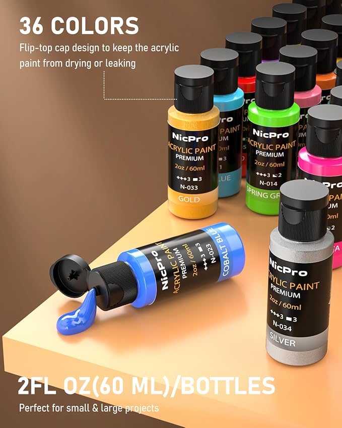 Nicpro 36 Colors Acrylic Paint Set with 12 Brushes & Palette, Non Toxic Art Supplies Kit for Fabric Painting, Canvas, Clay, Wood, Rock & Ceramic, Rich Pigments for Beginners, Students & Professional Artist (2 oz, 60 ml)