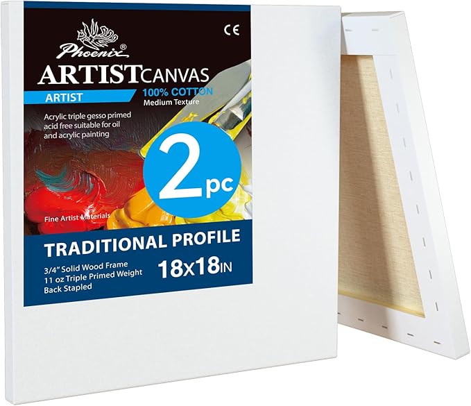 PHOENIX 18x18 Inch 2 Pack Artist Canvas - Large Square Stretched Canvases for Painting - 3/4 Inch Profile, 100% Cotton 11 Oz. Gesso Primed White Blank Professional Canvas Oil & Acrylic Paints