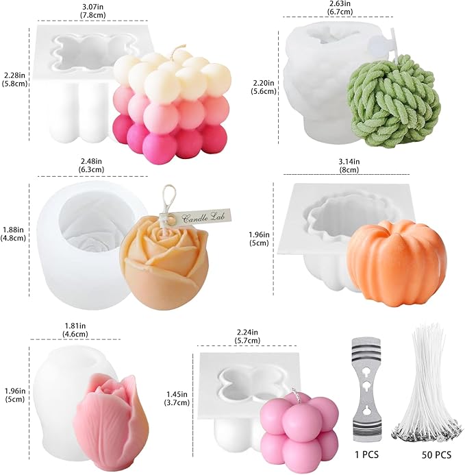 JDH 6Pcs Silicone Candle Molds Set for Candle Making,Yarn Ball Bubble Candle Molds, 3D Rose Silicone Mold,Cake Mold for Baking Desser Soap Casting Home Decor,for Soy Wax, Soap, DIY Scented Candle