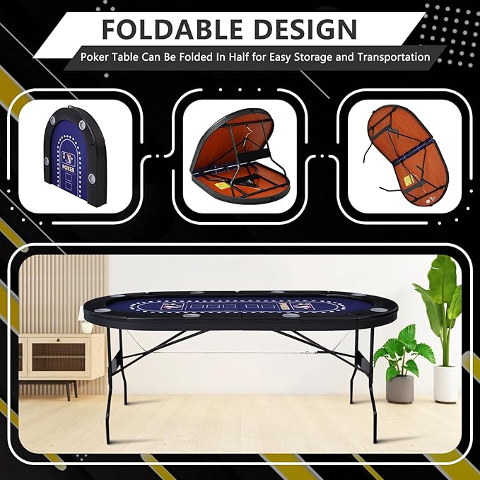 71" Foldable Poker Table for 8 Players, Professional Texas Hold'em Casino Table with Padded Rails& Cup Holders, Casino-Grade Felt Folding Game Table for Blackjack, Home, Parties, Game Nights