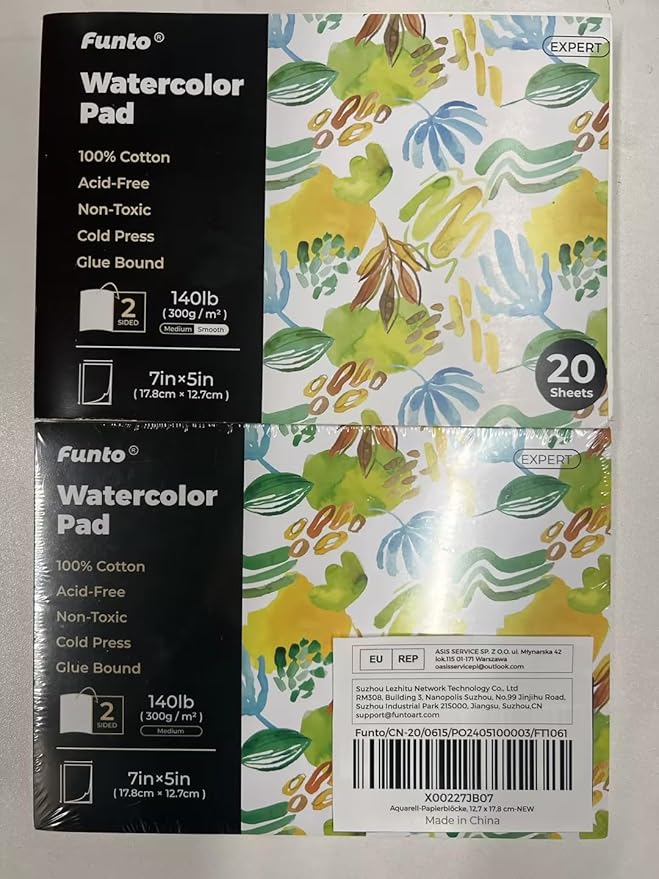 Funto Watercolor Pads, 2 Packs, 100% Cotton, 20 Sheets Each, 7x5, 140lb/300gsm, Glue Bound, Easy Tear Heavyweight Art Paper for Painting