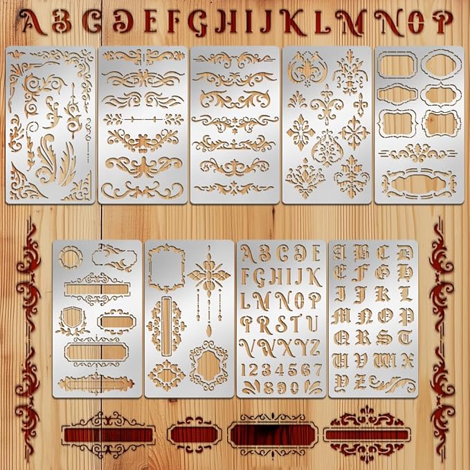 9PCS Metal Stencils Wood Burning Stencil Journal Border Stencils Letter Stencil Engraving Templates for Painting Scrapbooking Bookmark Flower Vines DIY(4 x 7 Inch)