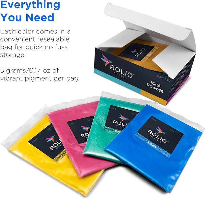 Rolio Mica Powder, 5g, 15 Bags - Pearlescent Color Pigment - Art Set for Resin Epoxy - for Soap Making, Nail Polish, Lip Gloss, Eye Shadow, Slime & Candle Jars - (Original Set)