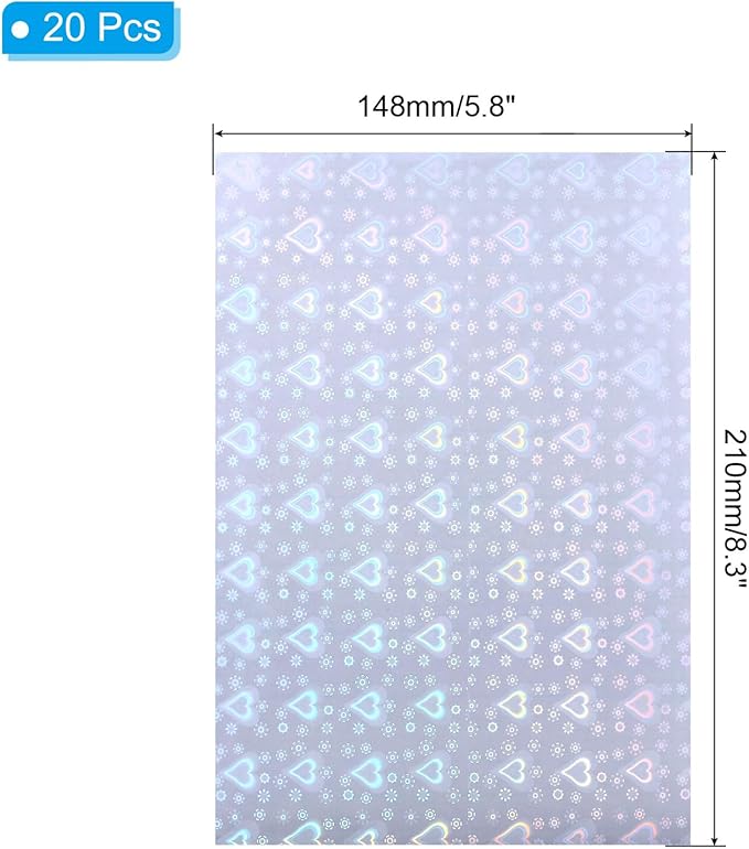 PATIKIL 8.3x5.8" Holographic Sticker Paper, 20Sheets A5 Polypropylene Self-Adhesive Transparent Waterproof Laminate Overlay Film for Photo Cards Scrapbook Decorations, Heart