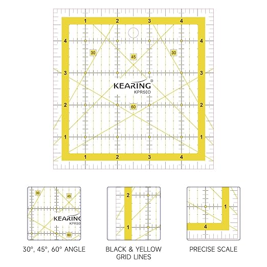 KERING Patchwork Quilting Ruler - 5x5 inch Non-Slip Acrylic Square Ruler for Foundation Paper Piecing, Bias Strips & Rotary Cutting, Durable Quilter's Tool with Anti-Slip Backing