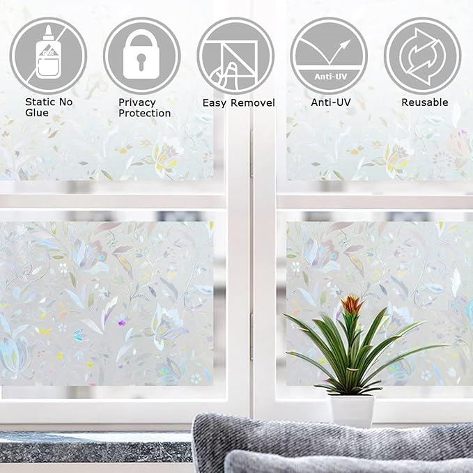 LEMON CLOUD Window Film, Decorative Window Privacy Film, 3D Stained Glass Window Sticker,Anti-UV Sun Blocker Heat Control for Home(Rainbow Tulip Design,35.4 x 78.7 inches)