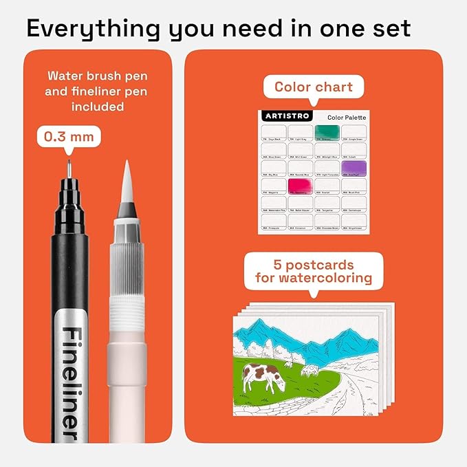 ARTISTRO 24 Watercolor Markers with Flexible Paint Brush Pens for Pros & Beginners - Consistent, Smooth, Bright, Washable, Non-Toxic, Ideal for Coloring, Calligraphy, & Manga