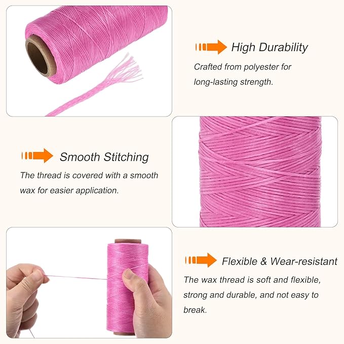 MECCANIXITY Waxed Thread,197 Yard 1mm 210D Flat Wax Thread Polyester Waxed String for Leather Sewing Hand Weaving Book Binding Home Decoration,Rose Red