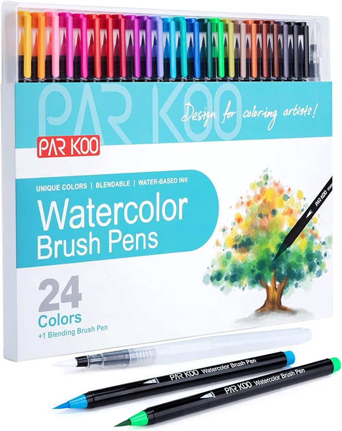 ParKoo Watercolor Brush Pens, 24 Colors Flexible Real Nylon Brush Tip Pens for Watercolor Painting, 1 Blending Brush, Paint Markers for Artists and Beginner Painters Coloring Books, Calligraphy