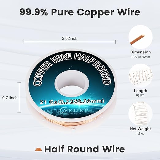 21 Gauge Pure Copper Wire Half Round 0.72x0.36mm - 1.3 oz (68 Feet) Medium Gauge Wire for Jewelry Clasps & Beadwork