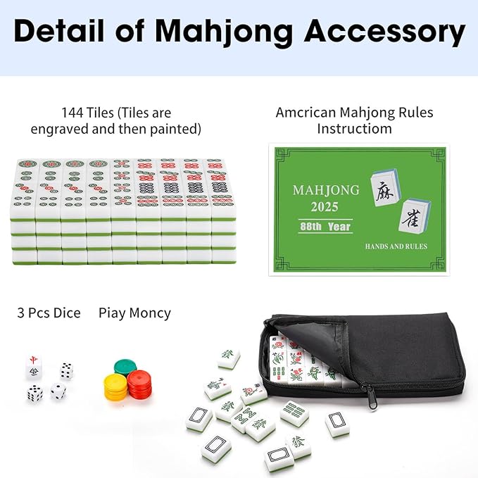 Chinese Mahjong Tile Set,144 Tiles White Green Melamine Tiles with Carrying Travel Case,Portable Mahjong Game Set