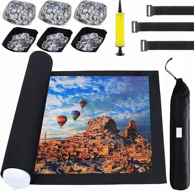 Puzzle Mat Roll Up for 3000 2000 1500 Pieces Jigsaw Puzzles, Large Portable Pad Table Non-Slip Board Saver Mats with 6 Sorting Trays, Inflatable Tube, 3 Straps, Keeper Storage Bag, Adults Gifts