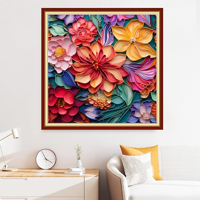 Disxvivy Cross Stitch Stamped Full Embroidery Kits DIY 11CT Cotton Thread Printed DIY Needlepoint Kits Craft Needlework Set Cross-Stitch Stamped Sets-Colorful Flowers 18x18 inch