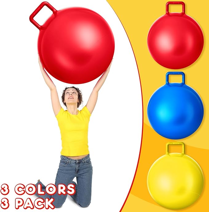 Lewtemi 3 Pcs 20 Inch Bouncing Ball with Handle, Outdoors Hopper Jumping Hopping Ball and Air Pump for Sports Exercise (Red, Blue, Yellow)