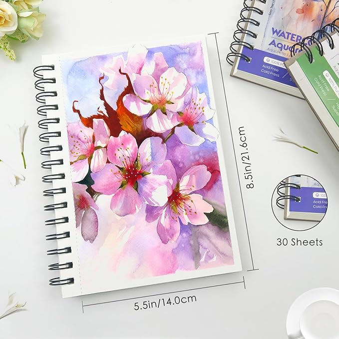 KOVIEDE 100% Cotton Watercolor Paper Pad - 30 Sheets 5.5"x8.5" Spiral Bound, 140lb/300gsm Cold Press Watercolor Sketchbook, Artist Quality Art Journal Supplies for Adults, Kids & Beginners, Pink