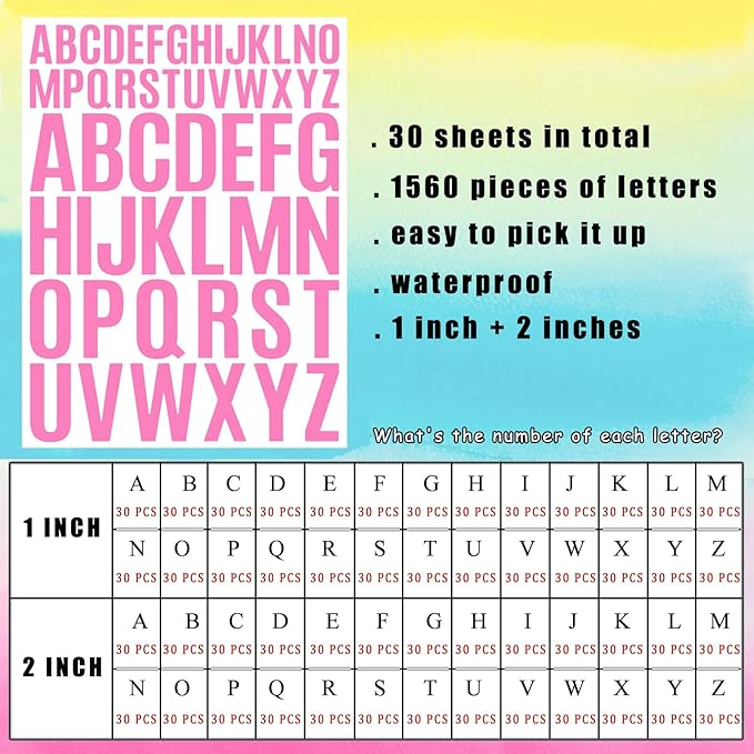 Bemeol Letter Stickers 1560 Pieces 30 Sheets Stick on Vinyl Letters Capital Alphabet Sticker Letter for Craft Bulletin Boards Classroom Home Business Decor(Pink,1 Inch,2 Inch)