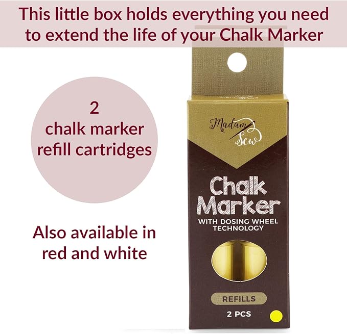 Madam Sew Fabric Chalk Markers for Sewing & Quilting | Refillable Tailors Chalk for Fabric Marking with Dosing Wheel | Ideal for Marking on Cotton, Knit, Suede (Yellow)