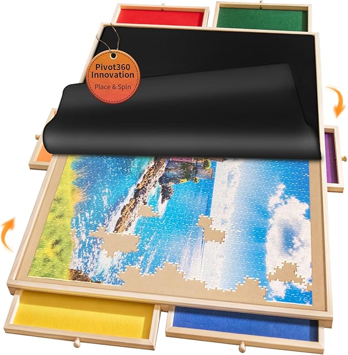 1500 Piece Rotating Puzzle Board Pro, 34" x 25" with 6 Drawers, Rubber Cover Mat, 360° Lasy Susan, Sort-Wise Colorful Felt Drawers & 4 Trays, Wooden Jigsaw Puzzle Table, Birthday Gifts for Mom