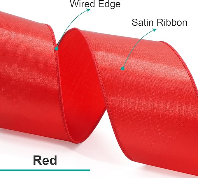 CT CRAFT LLC Satin Wired Ribbon 4 Inch x 20 Yards Red for Christmas Home Décor Gift Wrapping Tree Topper Bow Wreath DIY Crafts,