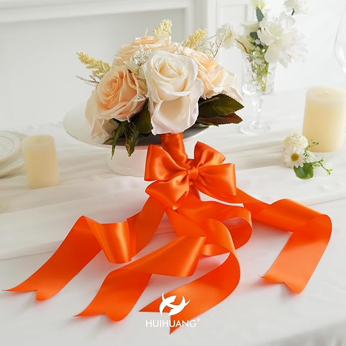 HUIHUANG Orange Satin Ribbon 2 inch Wide Double Faced Satin Ribbon Orange Ribbon for Gift Wrapping, Bows Making, Flower Bouquet, DIY Crafts, Wedding, Holiday Party Decor -25 Yards/Roll