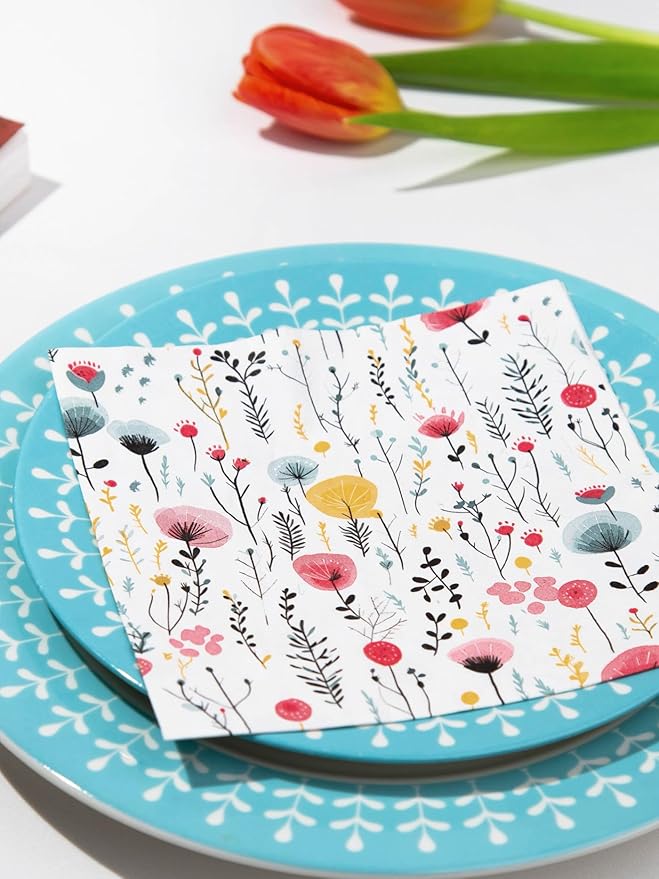 20 pcs Premium Designer Paper Napkins, 3-Ply 6.5x6.5-inches Disposable Decorative Paper Guest White Floral Napkin for Wedding Birthday Anniversary Lunch Dinner Party Baby Shower